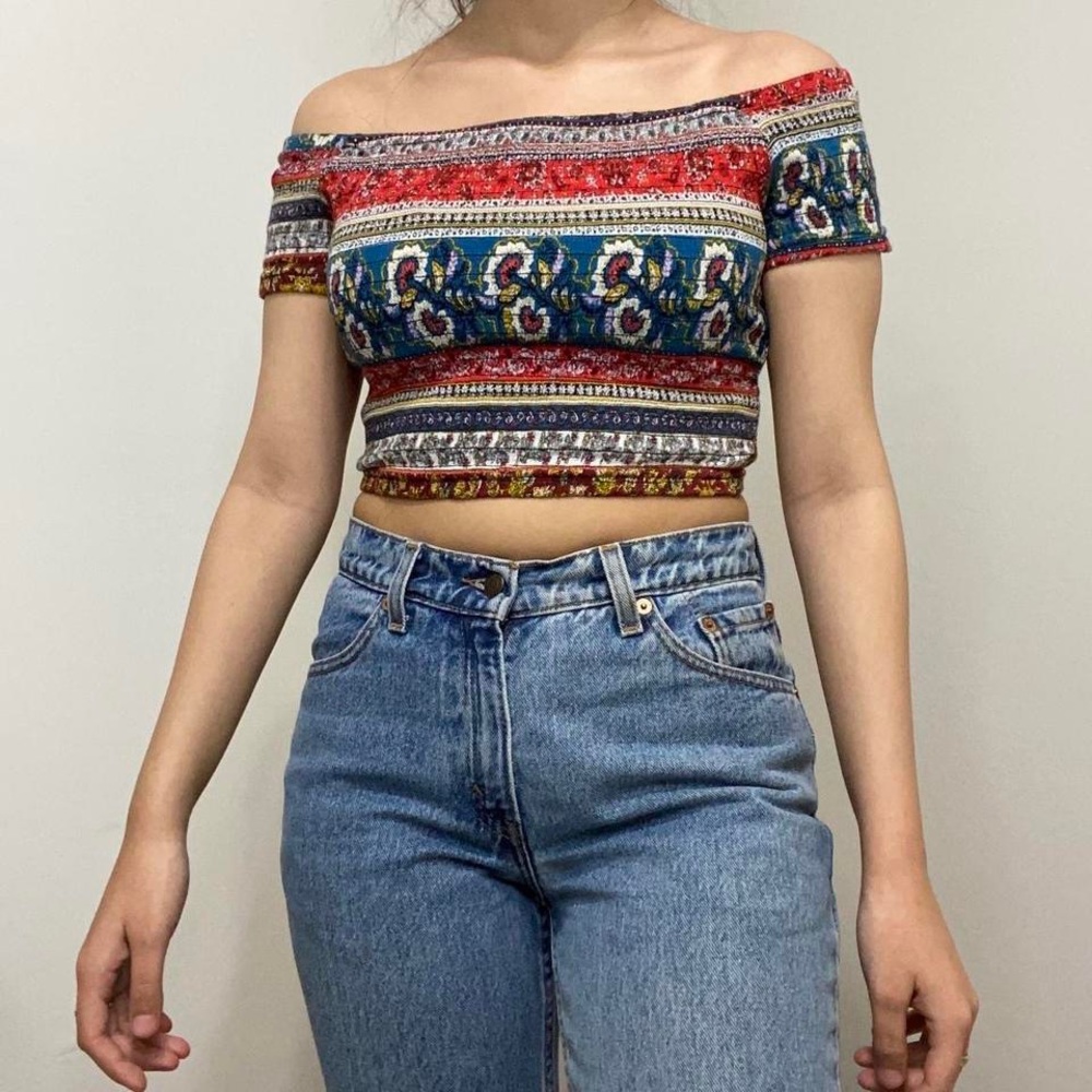 Iris Print Summer Off Shoulder Crop Top